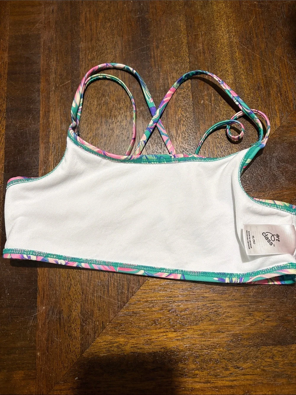 Girl’s Tropical Floral Strappy Swim Top - Green/Pink
